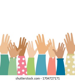 Raised hands up people of different nations on a white background. Vector illustration.