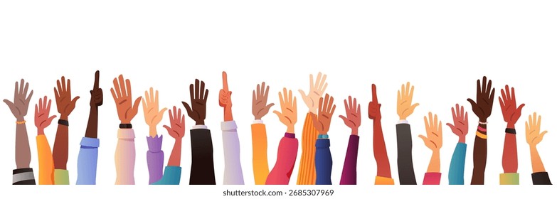 Raised hands. People together, teamwork, collaboration, voting, community, volunteering concept. Vector hand drawn illustration