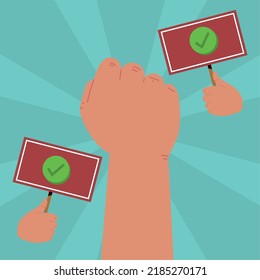 raised hands with placards for elections