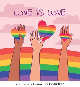Raised hands with rainbow hearts and text Love is love. For celebration LGBT Pride month