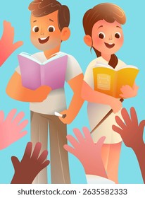 Raised hands at school, male and female teachers standing with book in front of class. Back to school with teachers, cartoon for elementary school. Vector poster illustration for kids education