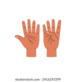 Raised hands show nine fingers, cartoon flat vector illustration isolated on white background. Finger counting mathematical skill to understand numbers.