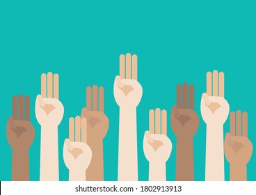 Raised hands showing three fingers salute. Anti dictatorship protest concept. vector illustration