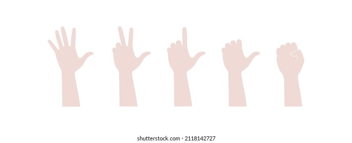 Raised hands silhouette on white background. Hands with different number of visible fingers. Vector icon.