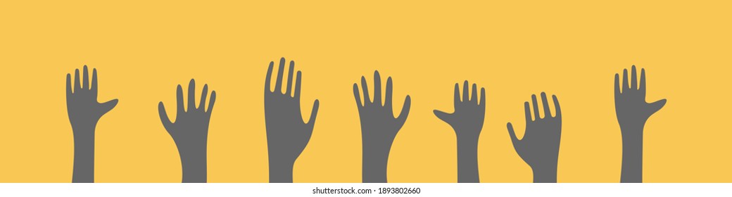 Raised hands silhouettes on yellow background. Community concept in trendy colors. Vector illustration.