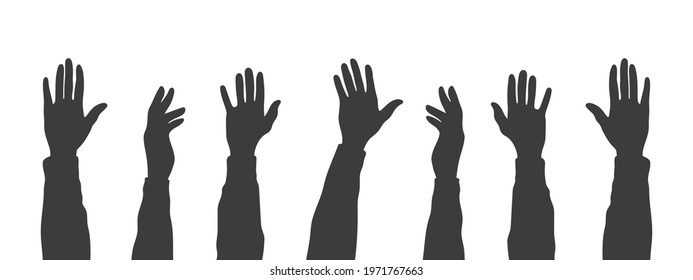 Raised hands. Silhouettes hands. Teamwork, collaboration, voting, volunteering concert. Vector illustration