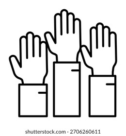 Manos levantadas icono de línea delgada, concepto de análisis puntual. Gráficos de Vector. Tres manos, signo de votación sobre fondo blanco, icono de estilo de contorno para móvil o Diseño web