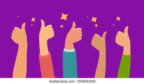 Raised hands thumbs up for success or good feedback. Flat cartoon vector illustration