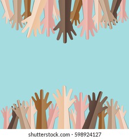 Raised hands up together with different skin tone of many peoples concept of democrazy, volunteer, or racial concept design by vector illustrator