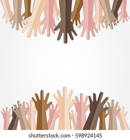 Raised hands up together with different skin tone of many peoples concept of democrazy, volunteer, or racial concept design by vector illustrator