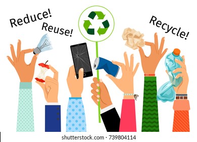 Raised hands with trash and recycle sign, vector illustration