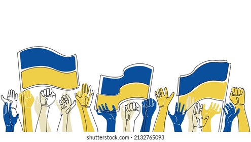  Raised hands with Ukrainian flags isolated on white background. Vector illustration. Support Ukraine. Pray for Peace. 