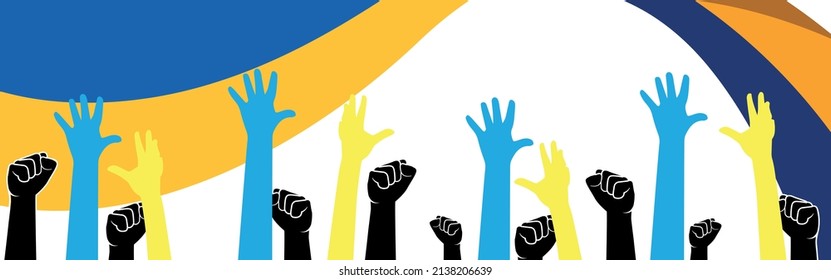 Raised hands with Ukrainian flags isolated on white background. Vector illustration. Support Ukraine. Pray for Peace.