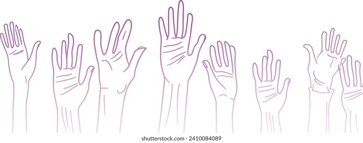 Raised Hands Uniting in Support, line art vector, Hand-Drawn Illustration for National Breast Cancer Awareness Month, Healthcare Awareness, multitude hands raised, many people, hands, pink ribbon
