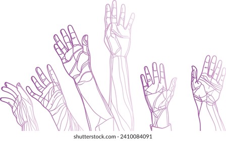 Raised Hands Uniting in Support, line art vector, Hand-Drawn Illustration for National Breast Cancer Awareness Month, Healthcare Awareness, multitude hands raised, many people, hands, pink ribbon