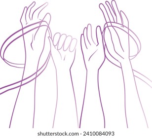 Raised Hands Uniting in Support, line art vector, Hand-Drawn Illustration for National Breast Cancer Awareness Month, Healthcare Awareness, multitude hands raised, many people, hands, pink ribbon