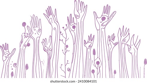 Raised Hands Uniting in Support, line art vector, Hand-Drawn Illustration for National Breast Cancer Awareness Month, Healthcare Awareness, multitude hands raised, many people, hands, pink ribbon