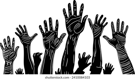 Raised Hands Uniting in Support, line art vector, Hand-Drawn Illustration for National Breast Cancer Awareness Month, Healthcare Awareness, multitude hands raised, many people, hands, pink ribbon