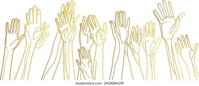 Raised Hands Uniting in Support, line art vector, Hand-Drawn Illustration for National Breast Cancer Awareness Month, Healthcare Awareness, multitude hands raised, many people, hands, pink ribbon