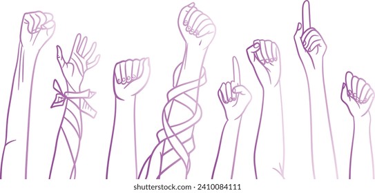 Raised Hands Uniting in Support, line art vector, Hand-Drawn Illustration for National Breast Cancer Awareness Month, Healthcare Awareness, multitude hands raised, many people, hands, pink ribbon