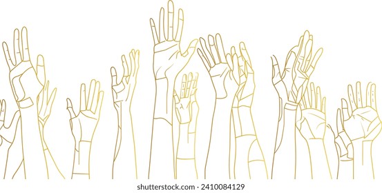 Raised Hands Uniting in Support, line art vector, Hand-Drawn Illustration for National Breast Cancer Awareness Month, Healthcare Awareness, multitude hands raised, many people, hands, pink ribbon