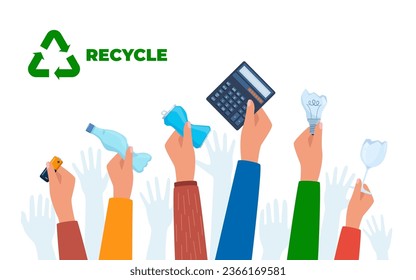 Raised hands with various trash. Garbage sorting. Zero waste, environment protection concept. Vector illustration