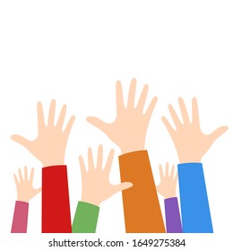 Raised hands vector illustration isolated on white background. Voting gesture, volunteer concept, colorful hands up