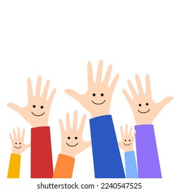 Raised hands vector illustration isolated on white background. Voting gesture, volunteer concept, hands up with smiling faces. Cartoon design