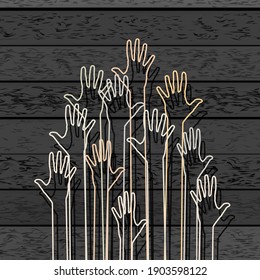 
Raised hands vector poster on a dark background. Wooden background. Unity and help