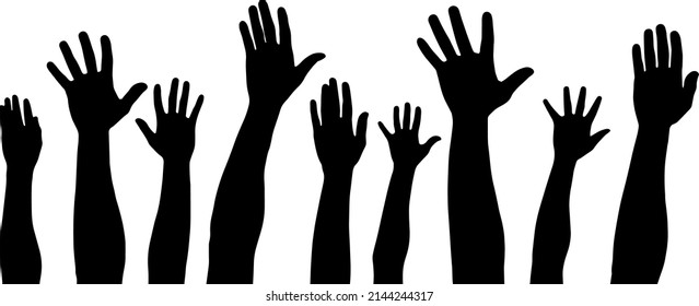 Raised hands vector silhouette, several hand raising, protest concept, togetherness idea silhouette, black color isolated on white background