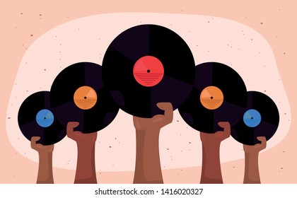 raised hands with vinyl vector ilustration