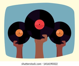 raised hands with vinyl vector ilustration