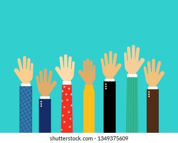 raised hands. Volunteer concept Isolated on blue background. Vector Illustration.