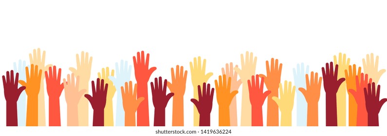 Raised hands of volunteer group, colorful banner of people waving arms as symbol of charity and teamwork, diverse crowd working together flat vector illustration isolated on white background