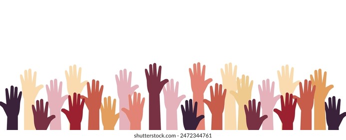 Raised hands of volunteer group, colorful banner.Vector illustration