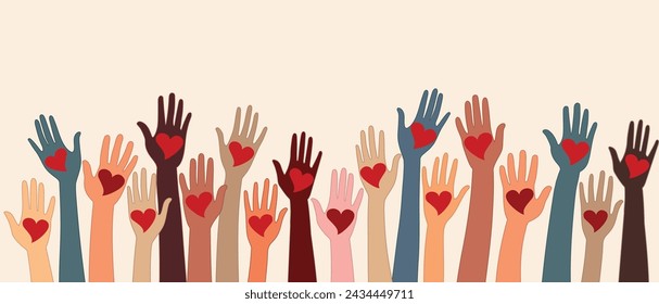 Raised hands of volunteer people holding a heart. People diversity. Charitable and donation. Support and assistance. Multicultural community. NGO. Aid. Help. Volunteerism.Teamwork. Banner