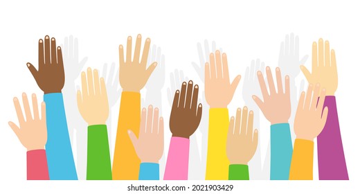 Raised hands volunteering background. Colorful hand up wave banner. People rights election. Inclusion and diversity culture equity. Volunteer social help. Inclusive solidarity union. Vector