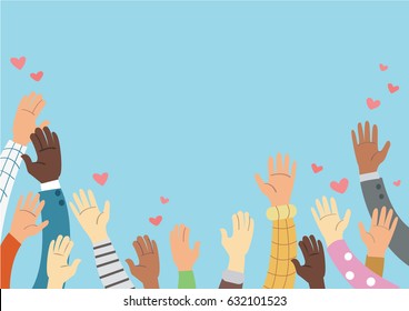 Raised hands volunteering and blue background vector concept
