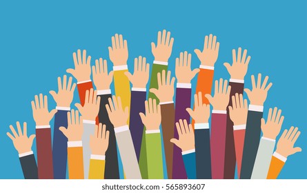 Raised up hands. Volunteering charity, concept of education,  business training.