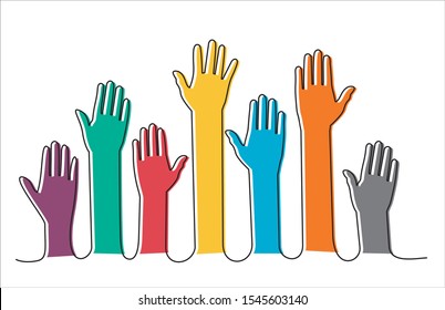 Raised hands volunteering continuous one line drawing minimalism design isolated on white background, vector concept