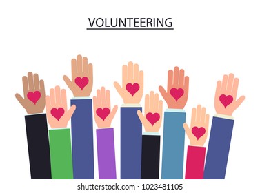 Raised up hands Volunteering on blue background, charity hand with heart. vector