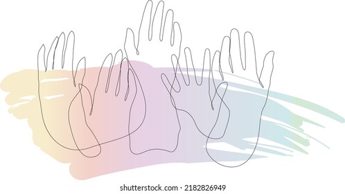 Raised Hands Volunteering One Line Drawing. Colorful Hand Up Wave Banner. People Rights Election. Inclusion And Diversity Culture Equity. Inclusive Solidarity Union.