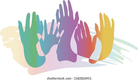 Raised Hands Volunteering One Line Drawing. Colorful Hand Up Wave Banner. People Rights Election. Inclusion And Diversity Culture Equity. Inclusive Solidarity Union.