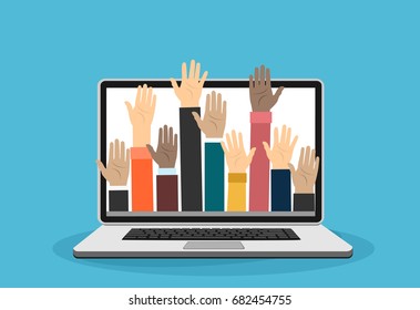 Raised hands volunteering out from laptop vector concept