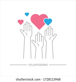 Raised hands volunteering sign with any size heart shape, Charity work, Outline design icon vector illustration