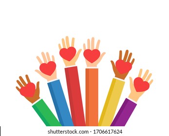 Raised hands volunteering stock vector isolated on white background.  Multiethnic society unity, togetherness. Volunteers, social workers holding red hearts. Charity and social help illustration.