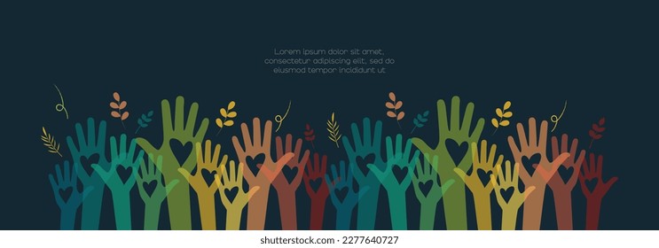 Raised hands. Volunteering, teamwork concert.