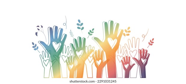 Raised hands. Volunteering, teamwork concert.