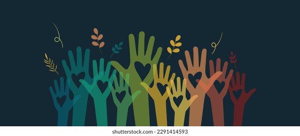 Raised hands. Volunteering, teamwork concert.