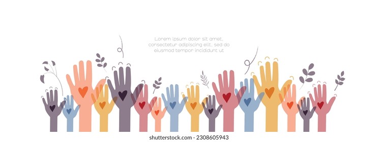 Raised hands. Volunteering, teamwork concert.
